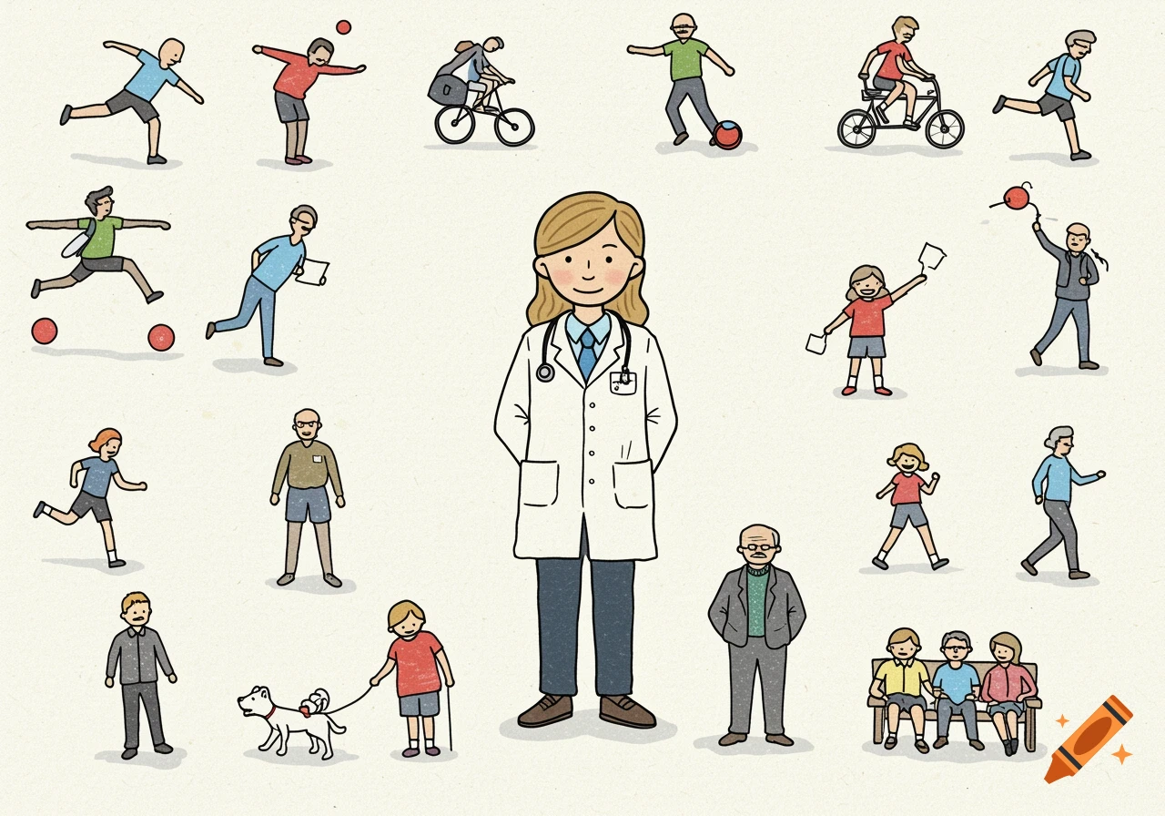 A doctor stands among many small figures performing various activities like sports, walking, and playing with a dog, in a simple illustration style.