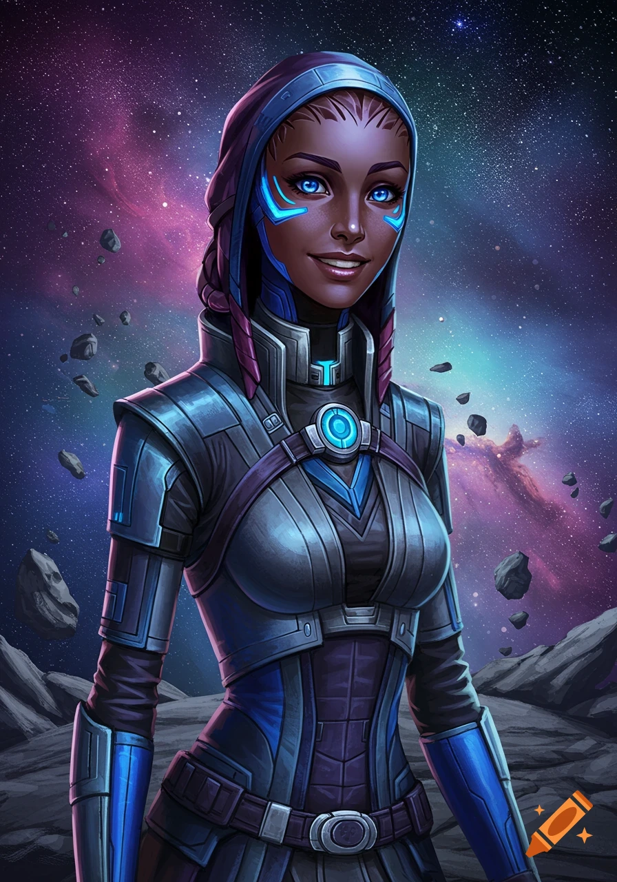 A futuristic woman with blue markings on her face wears metallic armor in a starry space landscape.
