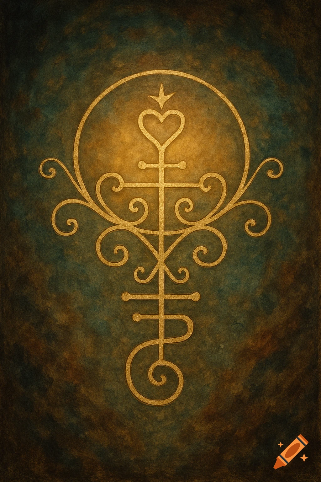 Golden sigil symbol on a textured green and brown background.