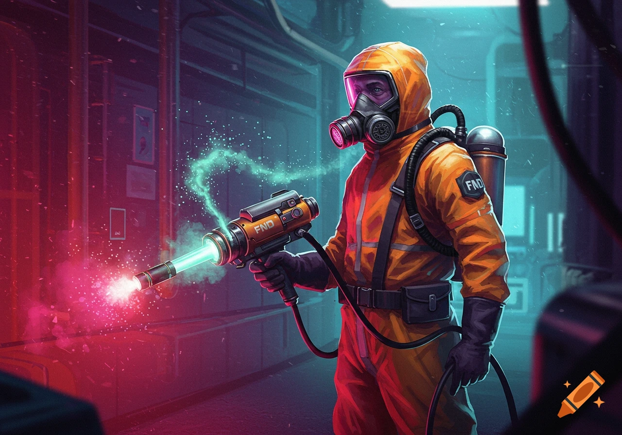 A person in an orange hazmat suit and gas mask holds a glowing sci-fi weapon in a dark, futuristic environment.