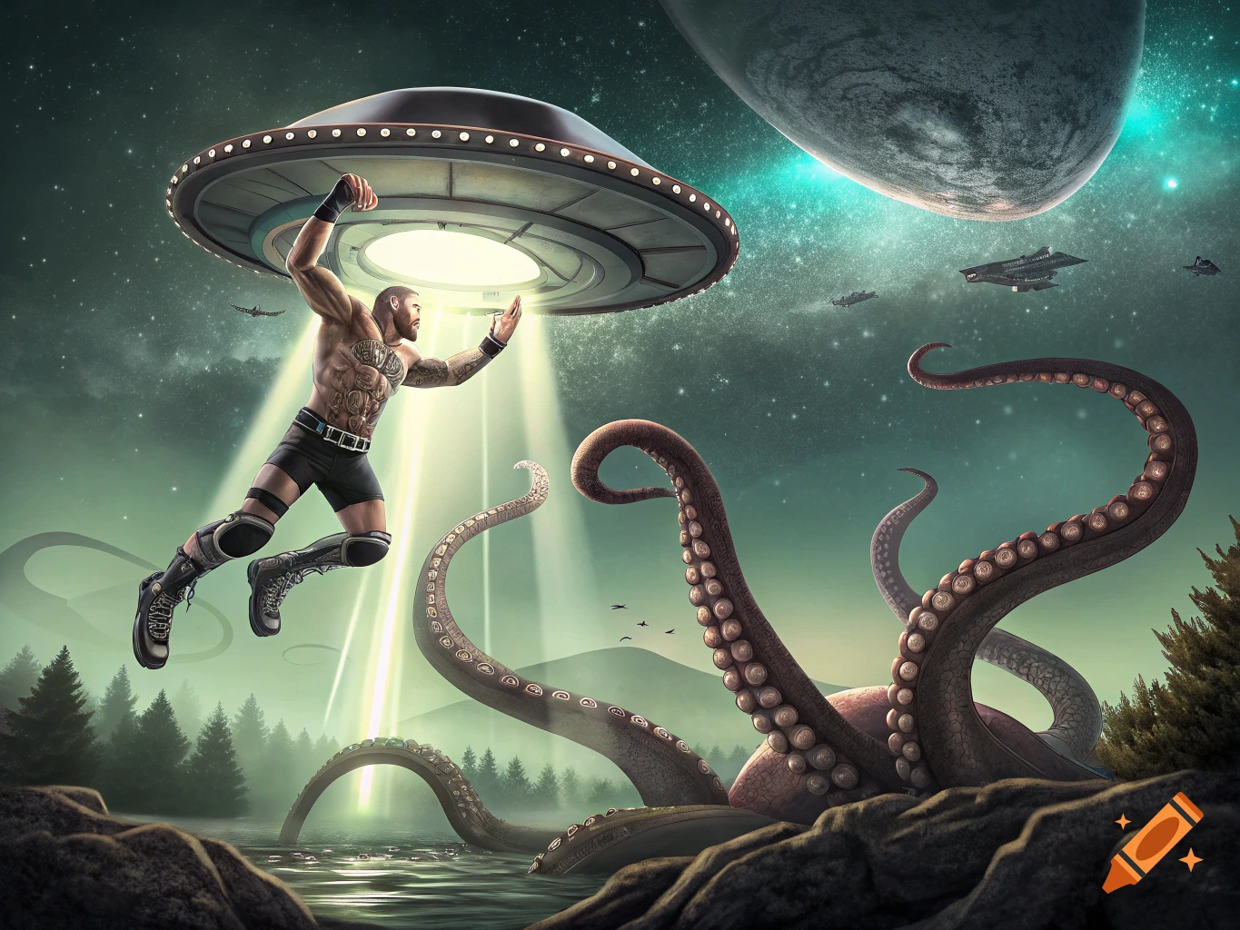A muscular man does a wrestling move from a UFO onto a giant octopus in a sci-fi fantasy landscape.