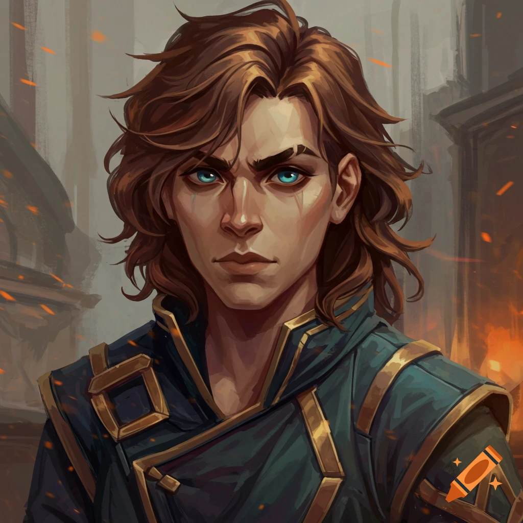 Portrait of a fantasy character with brown hair and blue eyes, wearing dark clothing with gold trim