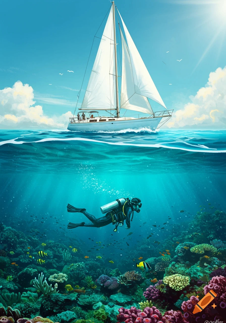 A split view shows a sailboat on the ocean surface above a scuba diver exploring a vibrant coral reef underwater.