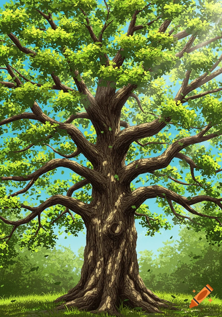 A large, detailed tree with green leaves against a blue sky.