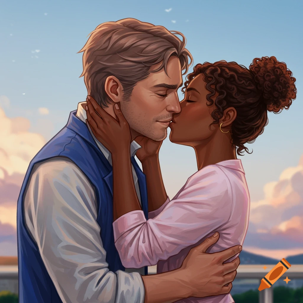 A couple kissing outdoors against a cloudy sky.