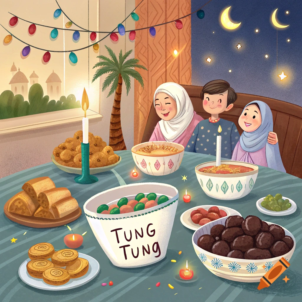 Illustrated scene of a family sharing a festive meal at a table, with lights and moons in the background.