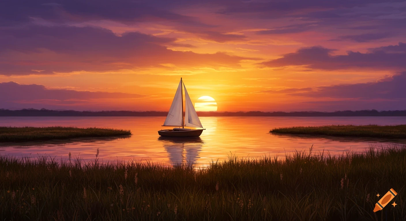 A sailboat on a calm lake during a vibrant sunset with tall grass in the foreground.