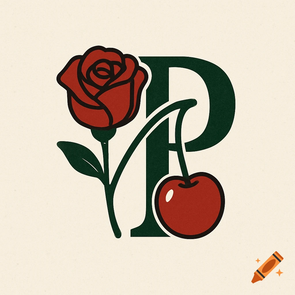 Logo illustration combining a letter P, a rose, and a cherry