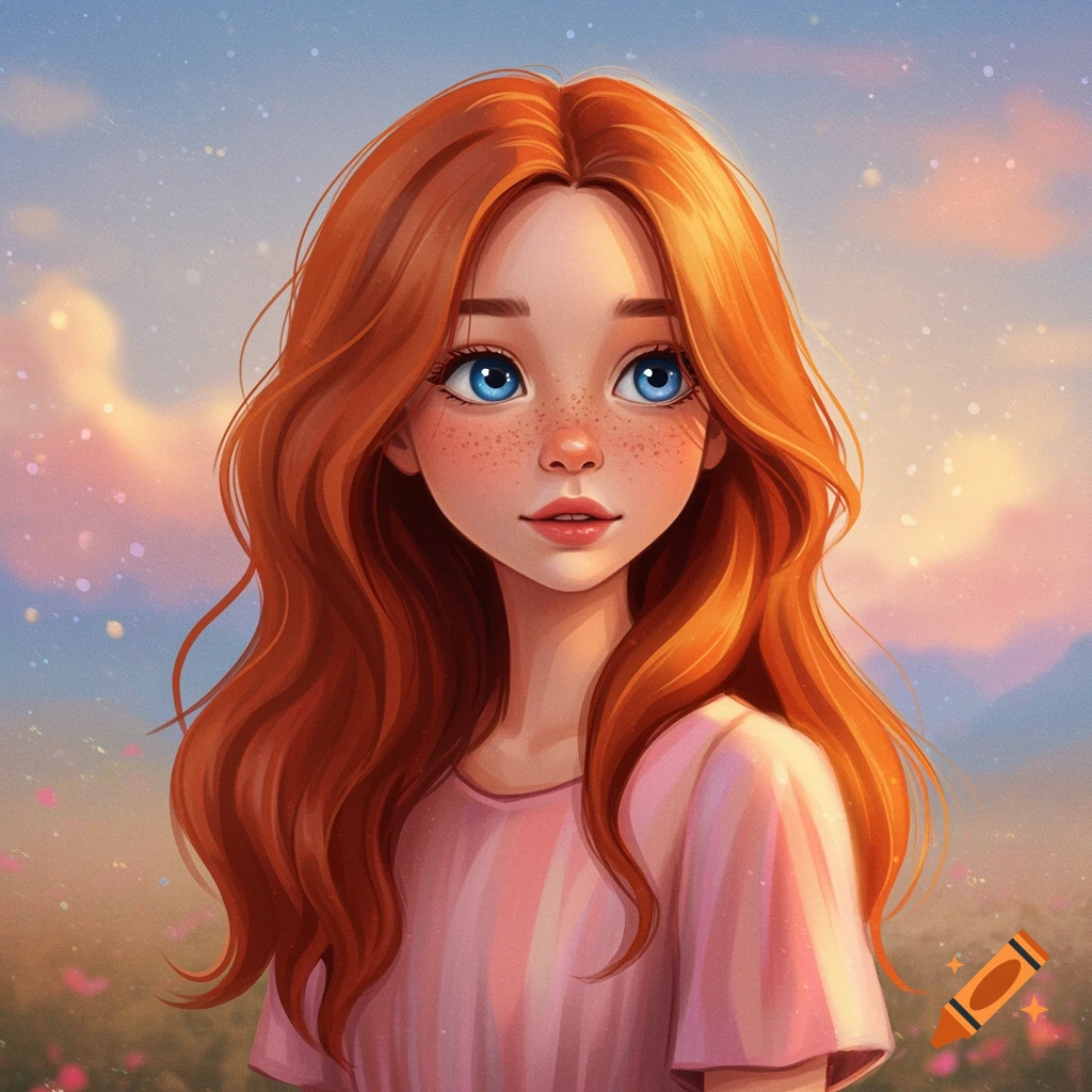 A young girl with long red hair and blue eyes, freckles on her nose, in a dreamy landscape.