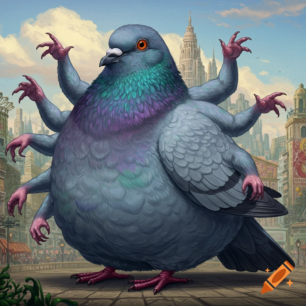 A large pigeon with multiple arms stands on a city street.