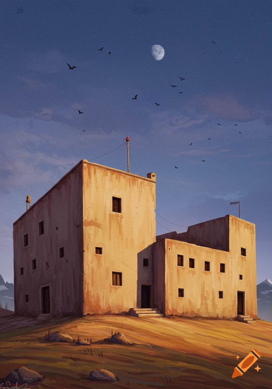 A blocky building complex on a hill in a desert landscape under a starry night sky with a moon and birds.