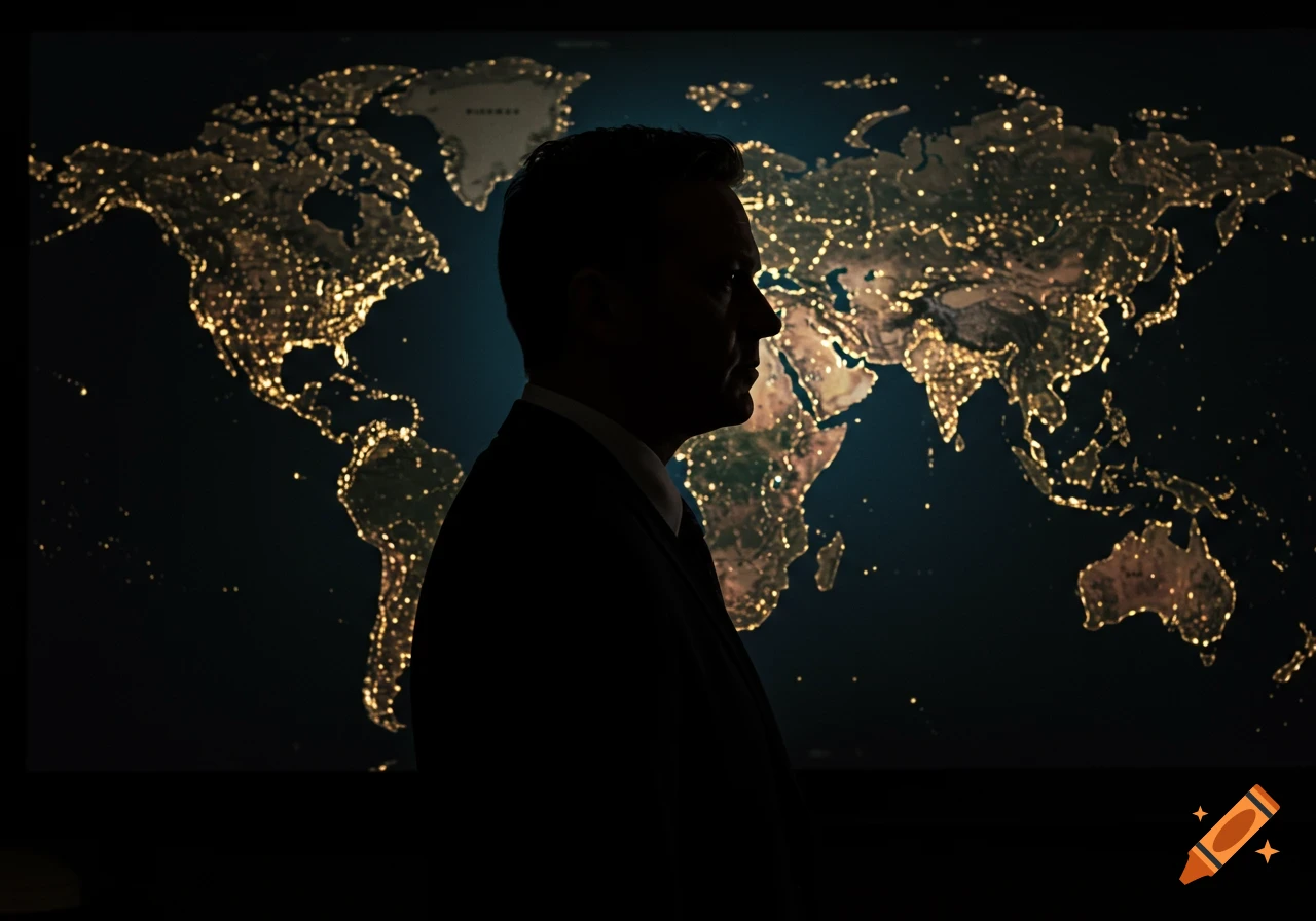 Man in profile silhouette against a glowing world map at night.