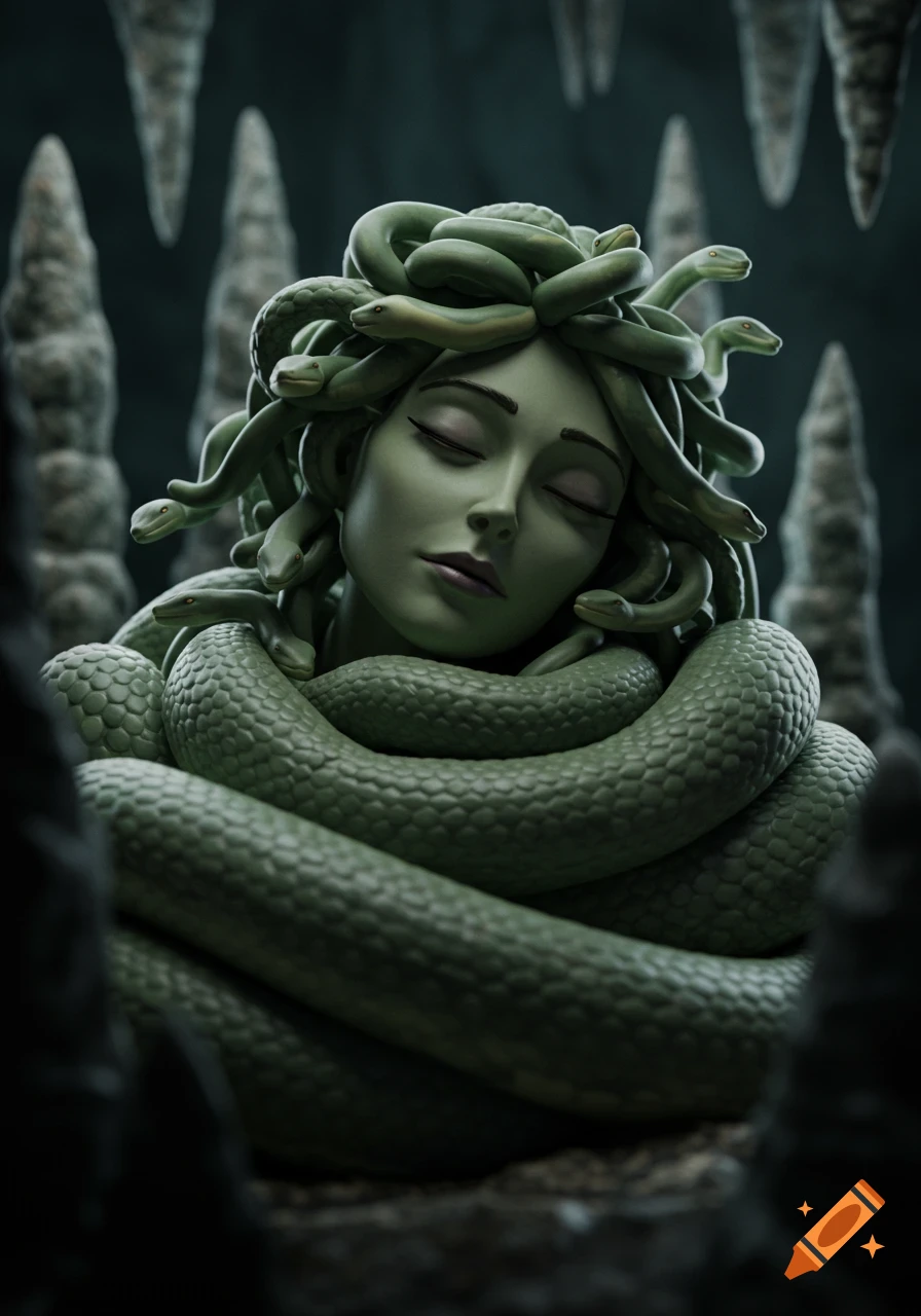 3D render of a sleeping Medusa embraced by large snakes, in a dark cave with stalactites.