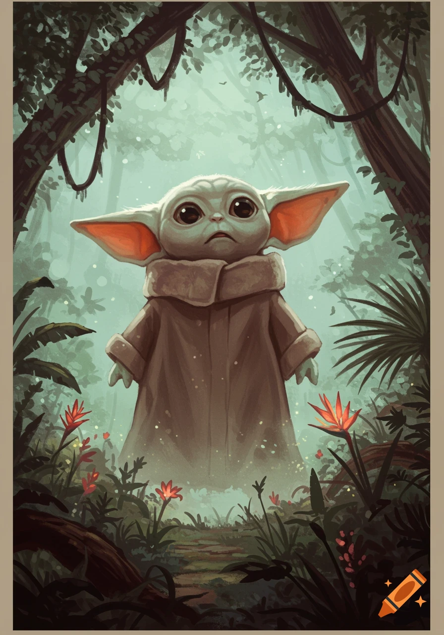 A large Grogu stands in a lush, mystical jungle landscape.