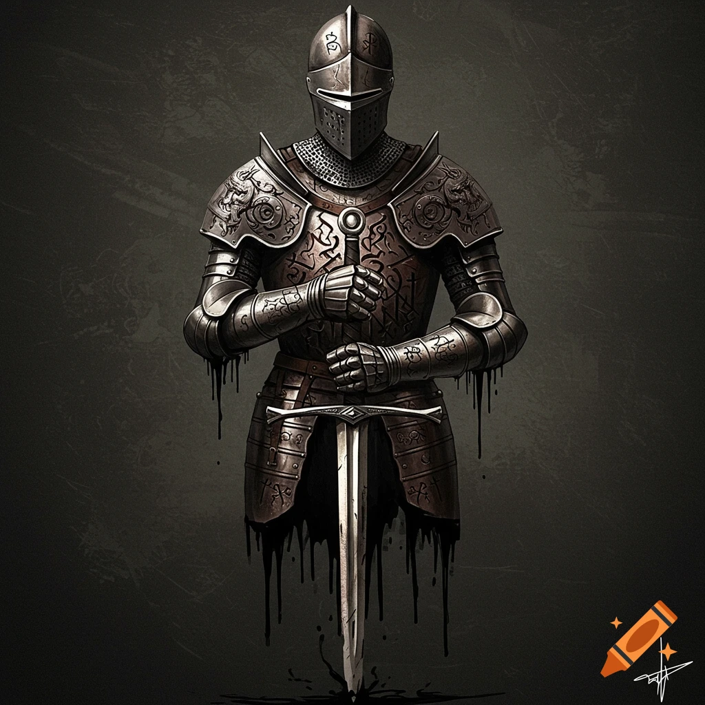 A knight in ornate armor holding a sword, with a dripping effect.