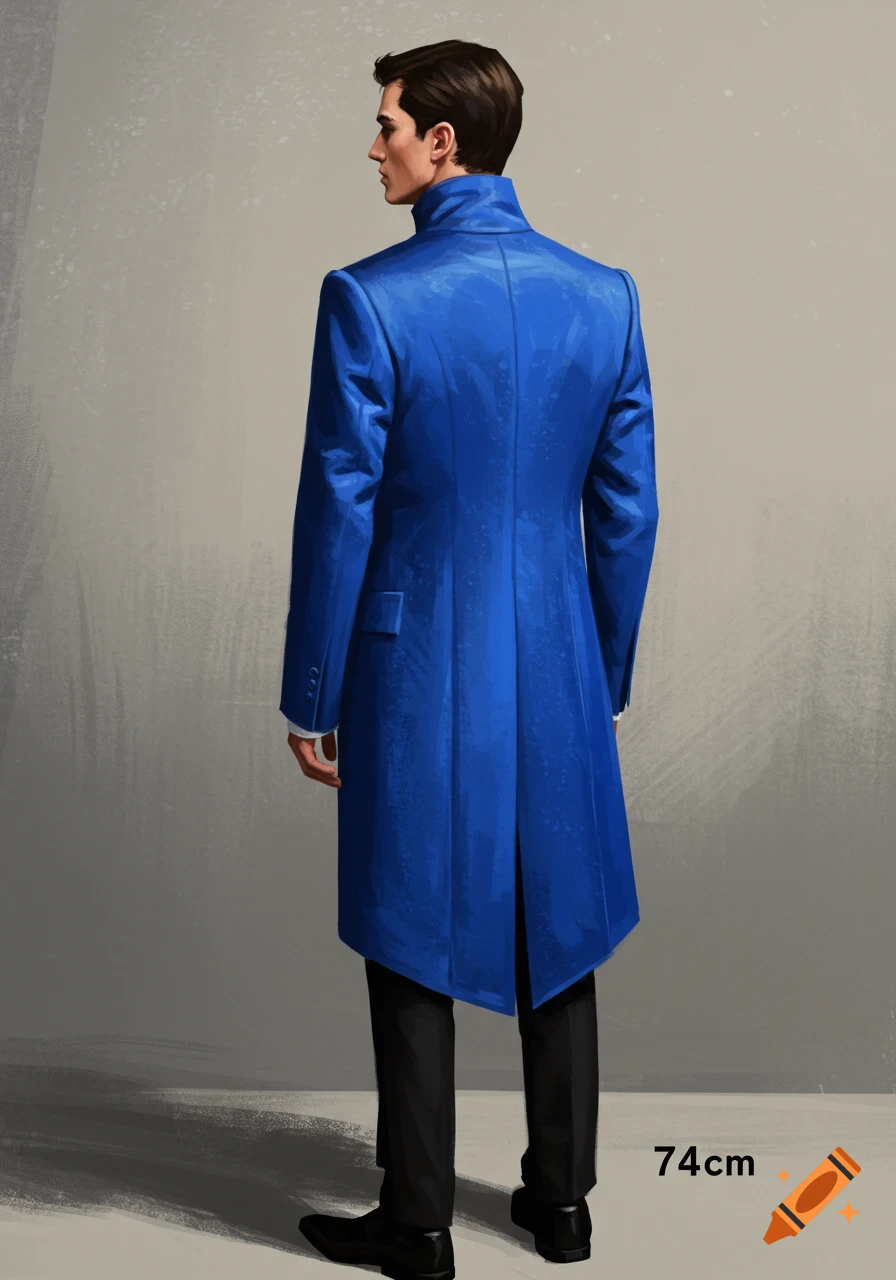 A man viewed from the back wearing a long blue jacket.