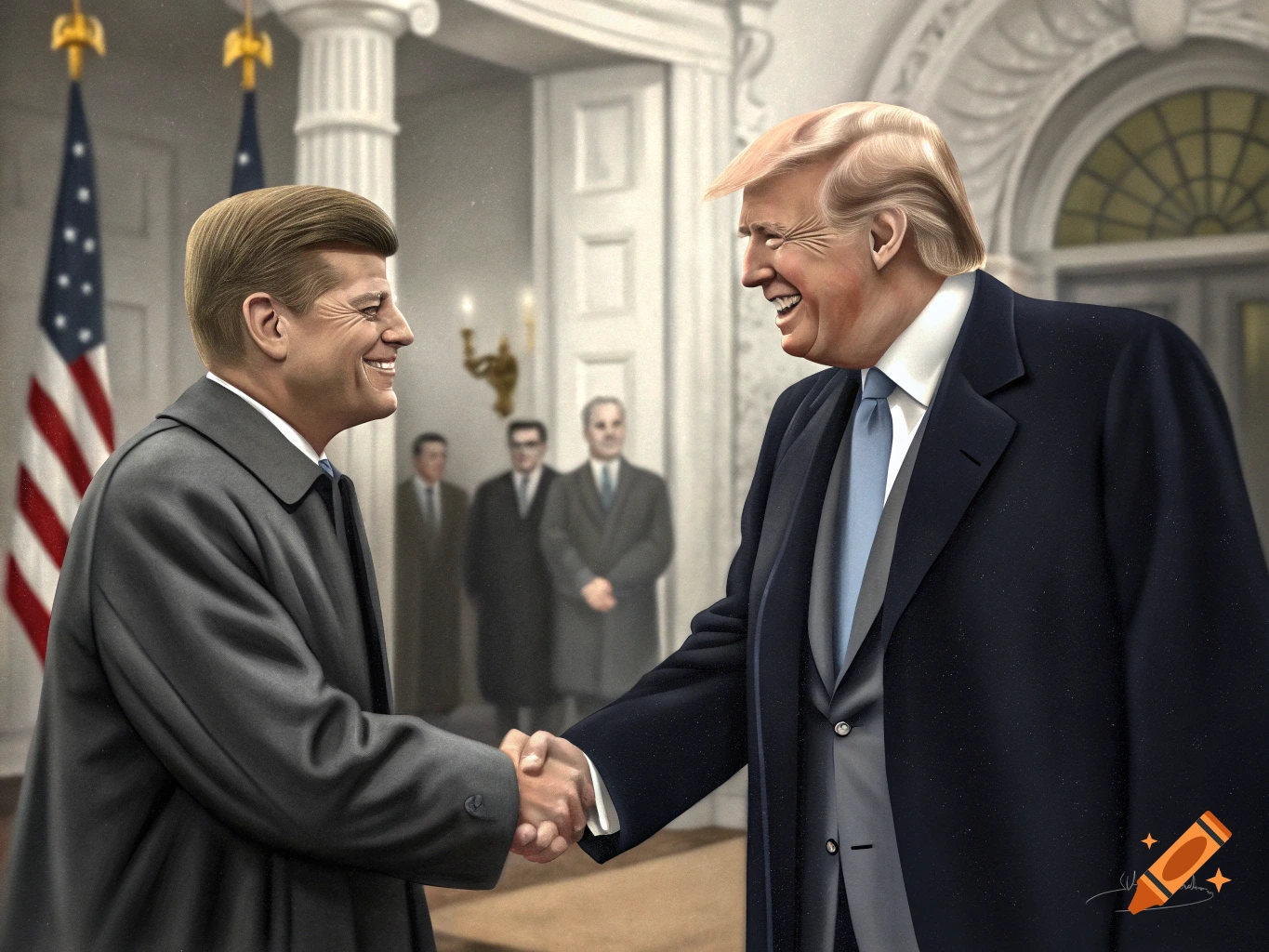 Painting of two men resembling JFK and Donald Trump shaking hands in a formal setting.