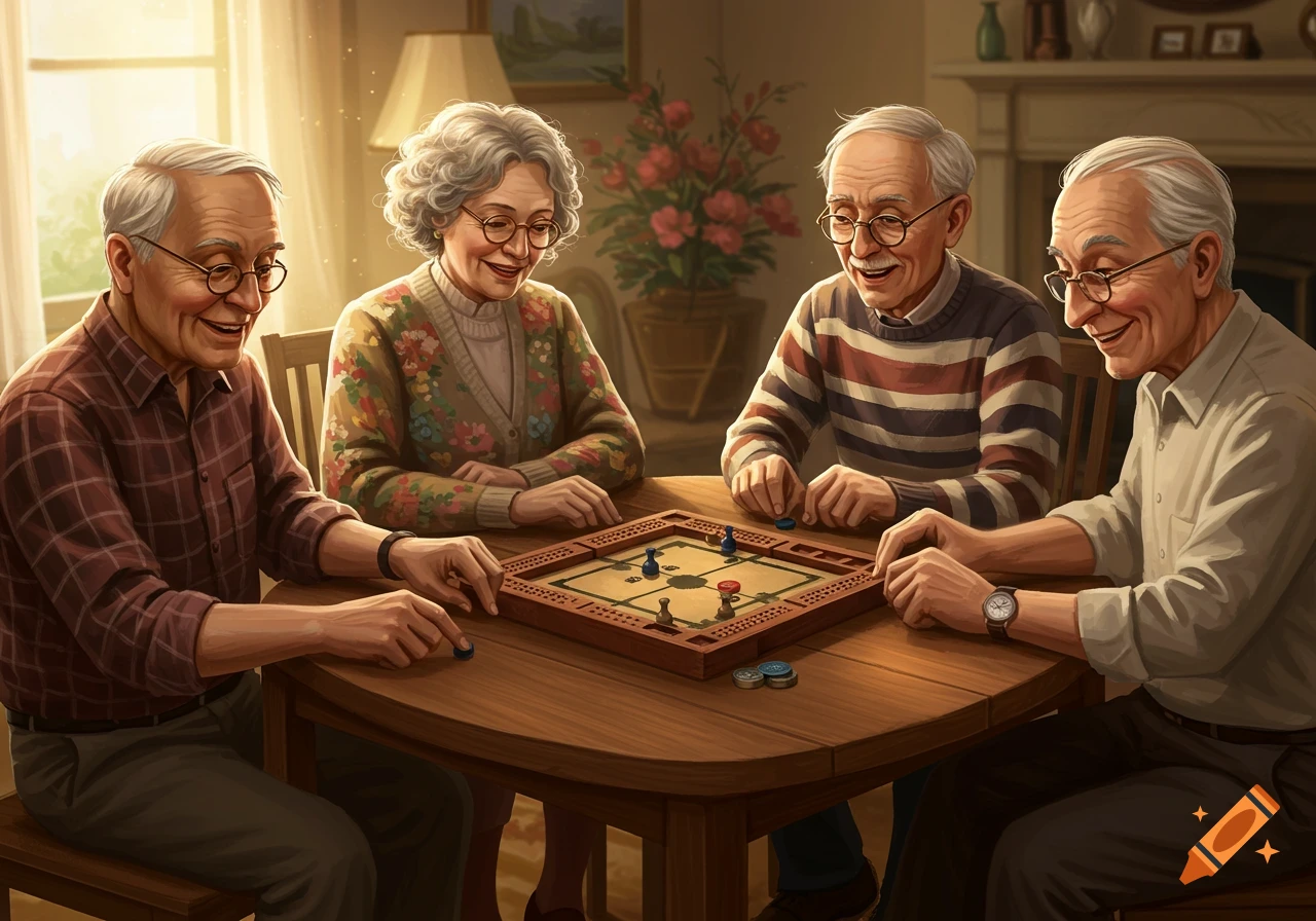 Four seniors playing a board game at a table