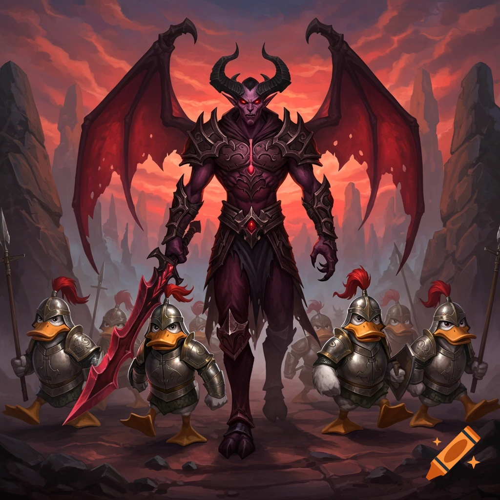 A large demon with wings and a sword walks with armored ducks in a fantasy landscape.