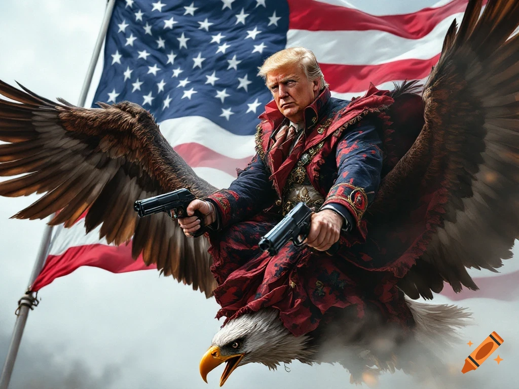 Donald Trump in ornate clothing riding a bald eagle, holding pistols, with an American flag backdrop.