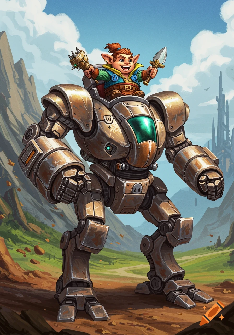 Cartoon fantasy creature riding a large metal mech in a mountainous landscape