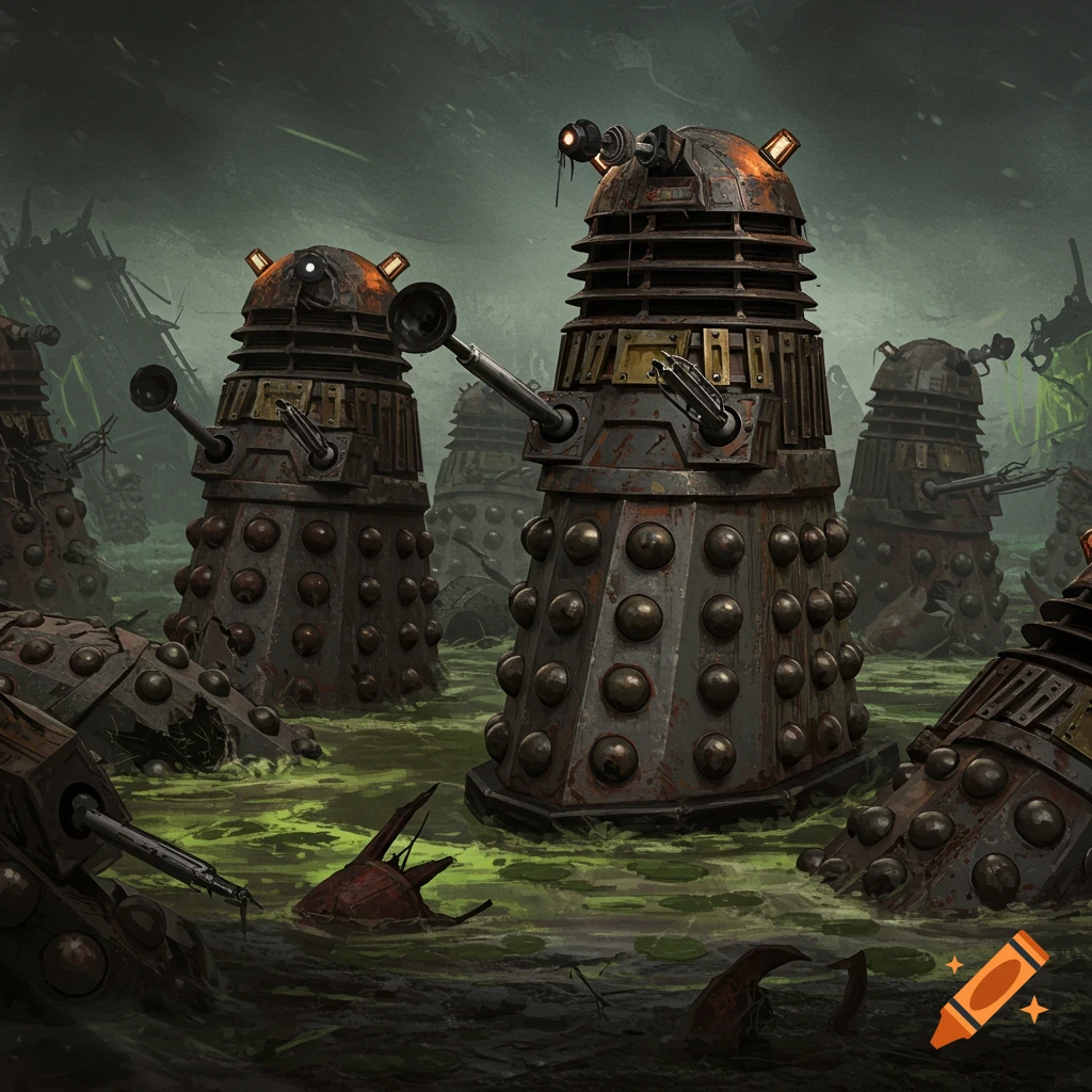 Damaged Daleks sinking in a dark green swamp.