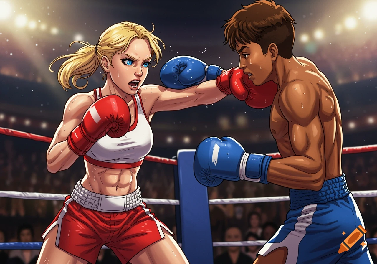 Comic book illustration of a blonde woman boxing a young man in a ring.
