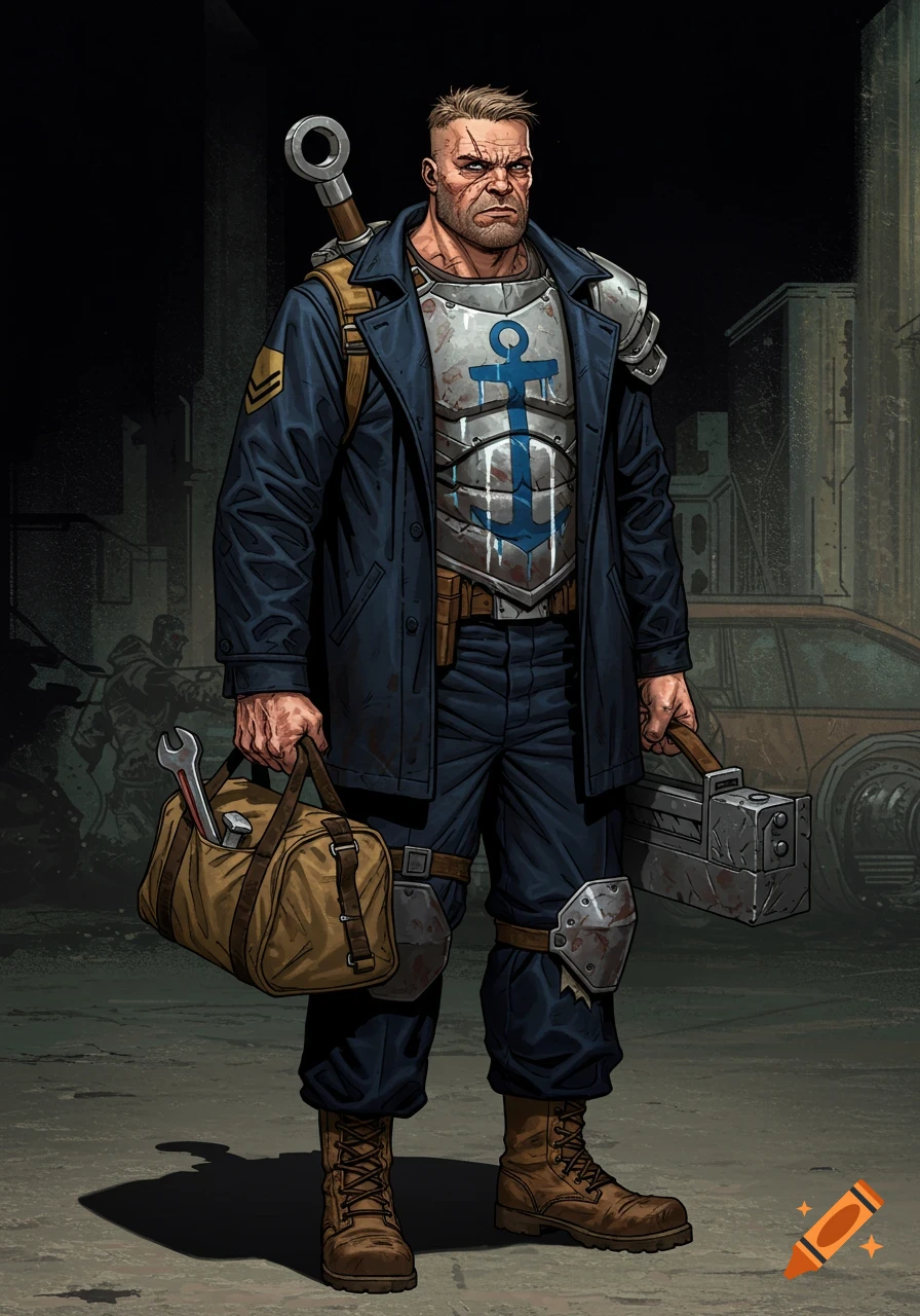Comic book art of a rugged man in naval gear and anchor armor in a gritty urban setting, holding a bag and tool.
