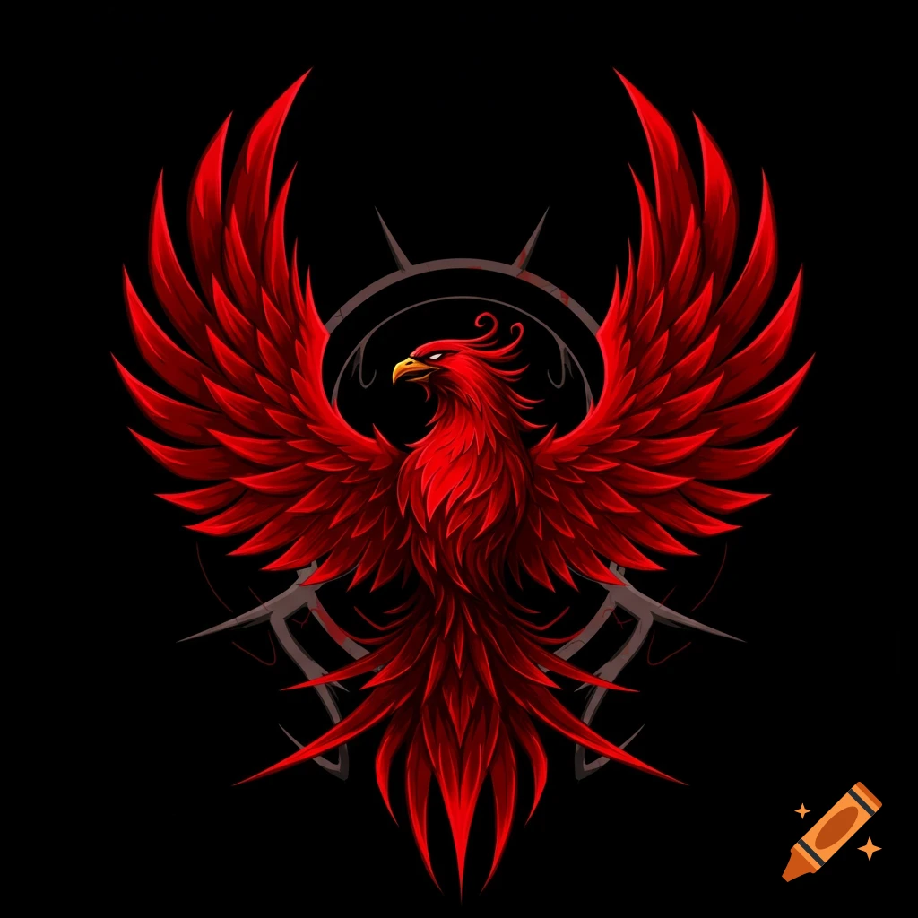 Bold illustration of a red phoenix emblem with spread wings against a dark background.