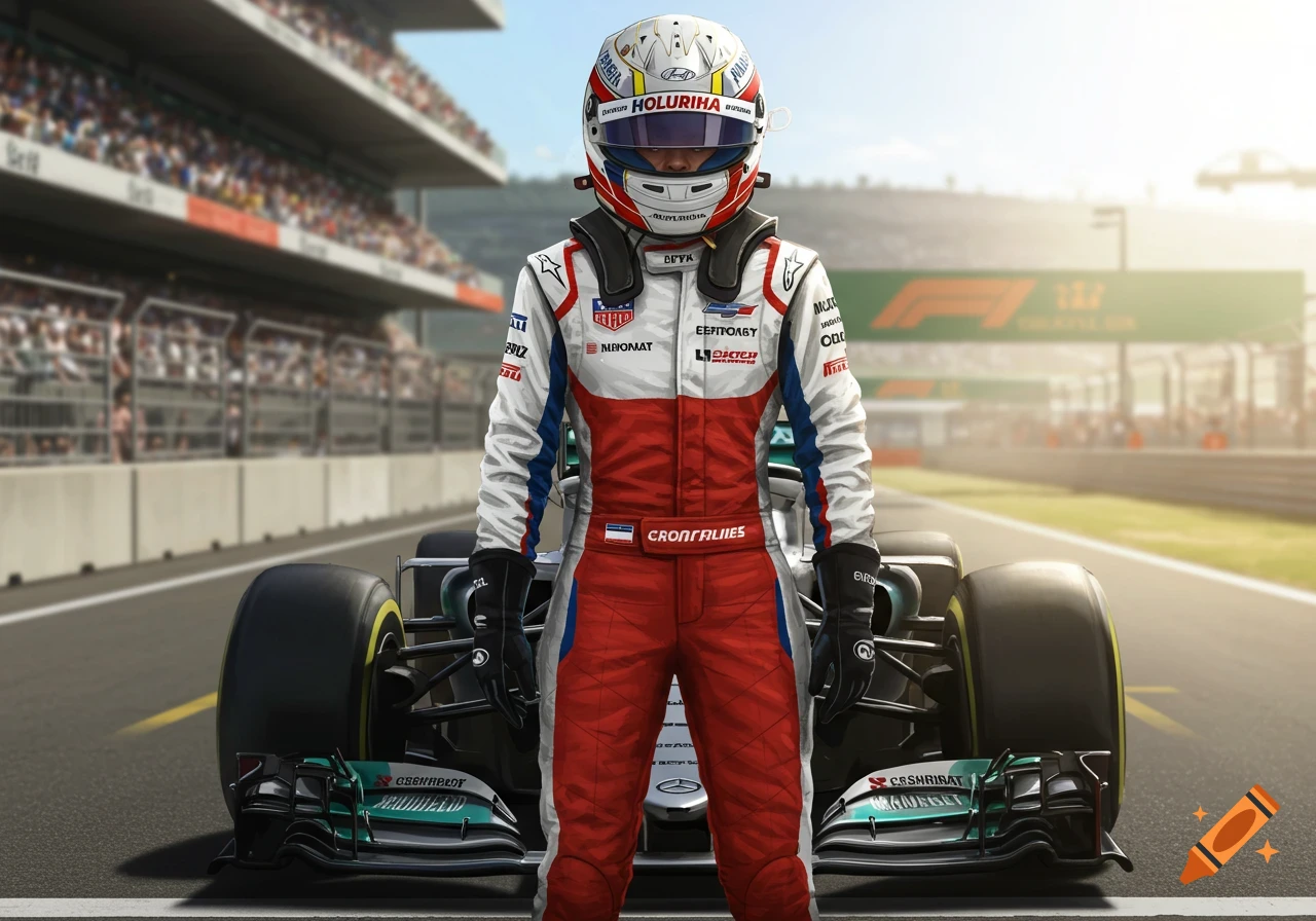 A race car driver stands in front of an F1 car on a track.