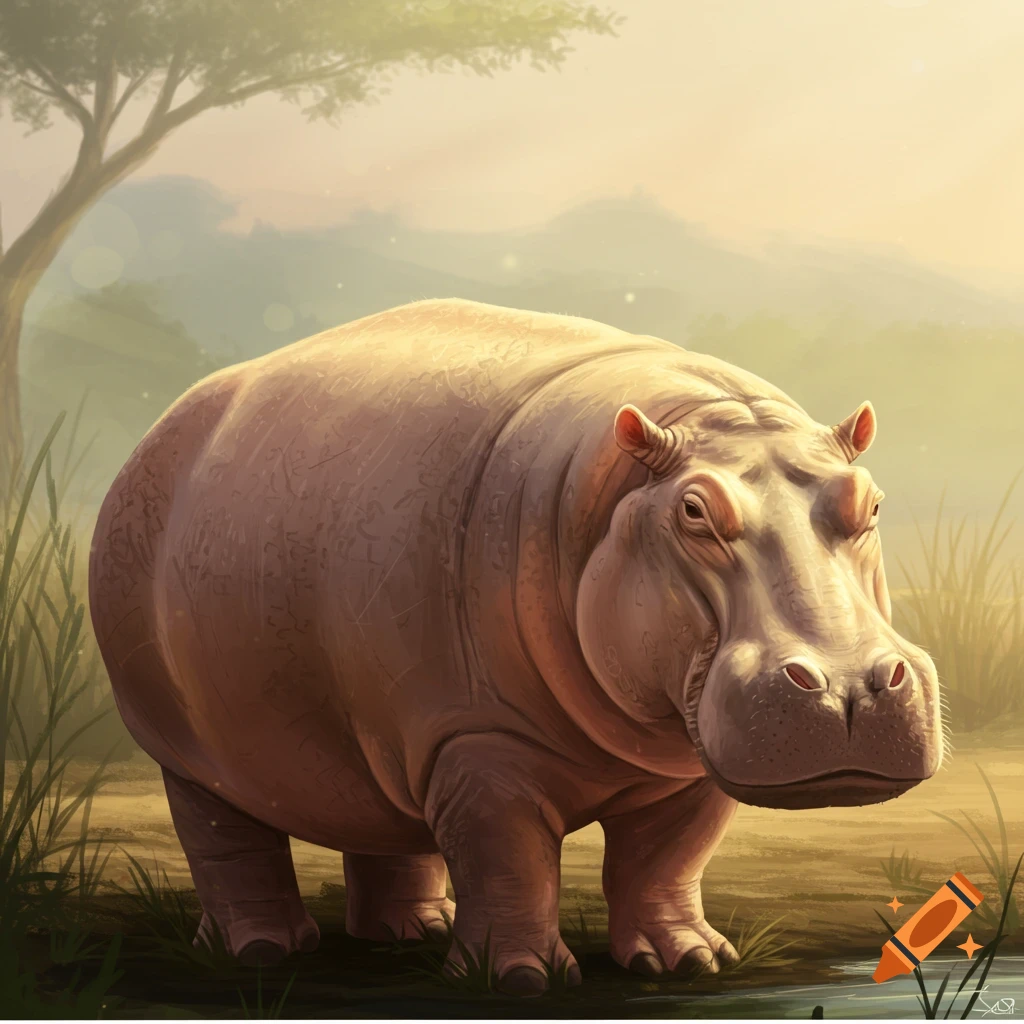 A hippo stands in a savanna landscape at sunset.