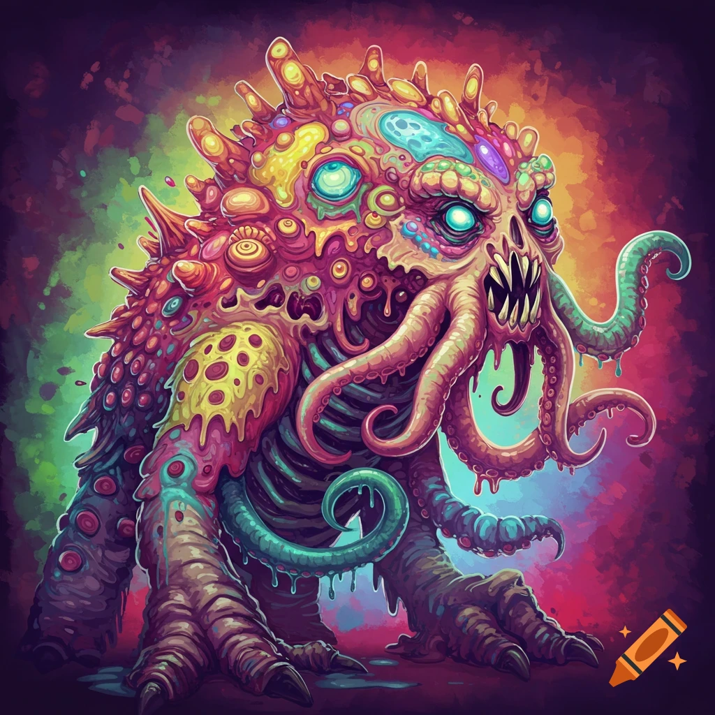 A vibrant, grotesque monster with tentacles and many eyes