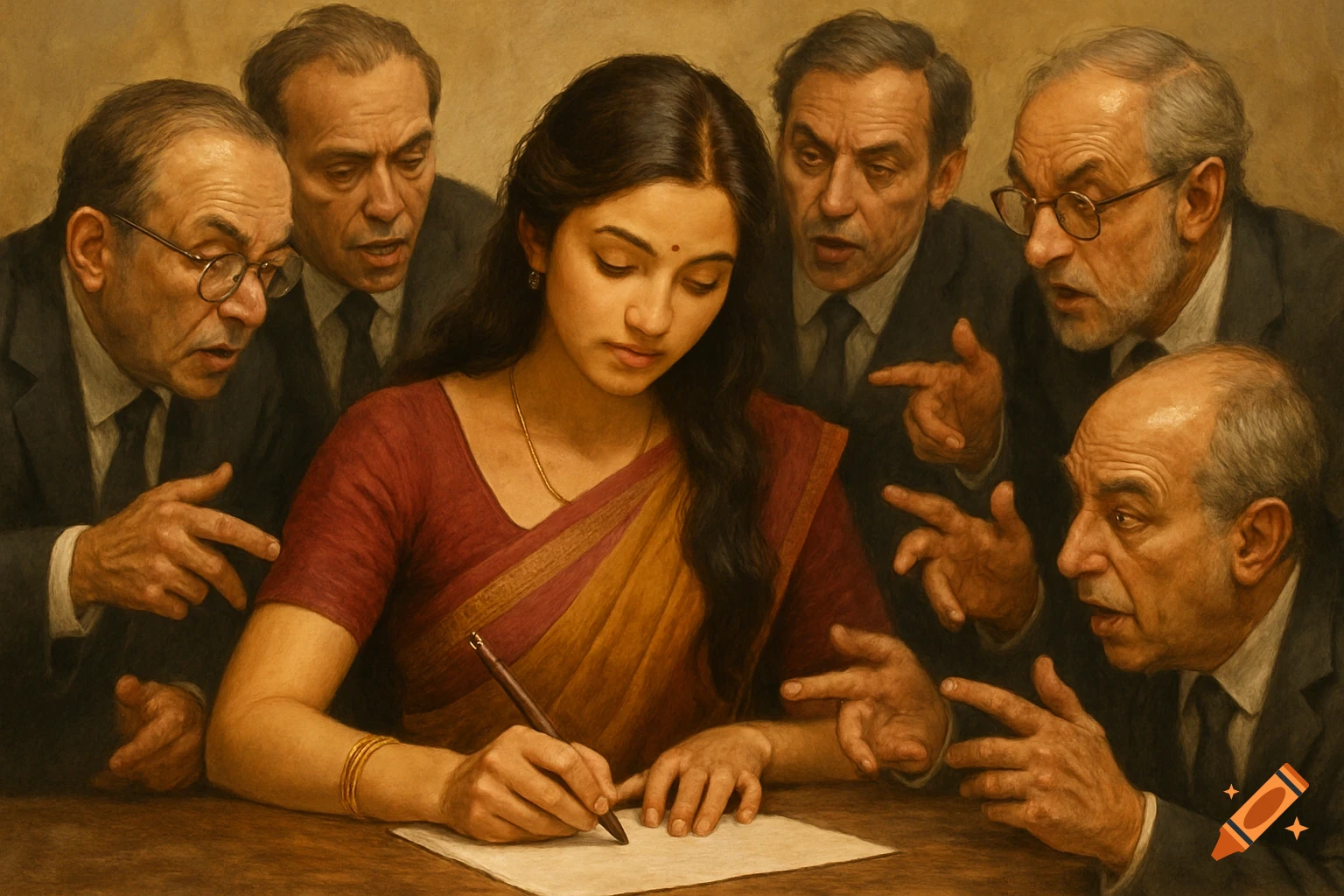 An Indian woman in a saree writing at a desk, surrounded by several men in suits pointing and advising.