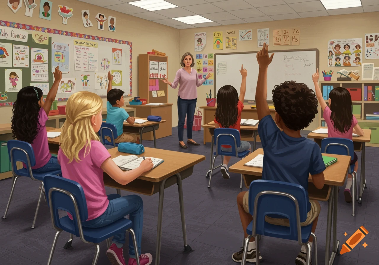 A teacher stands at the front of a diverse classroom with students raising their hands in a colorful scene.