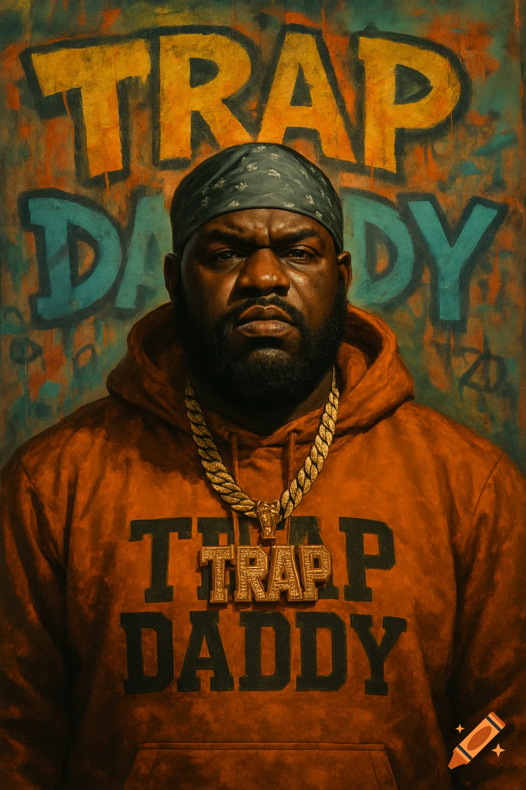 Portrait of a man wearing an orange hoodie, bandana, and gold chain with 'TRAP DADDY' text on the hoodie and background.