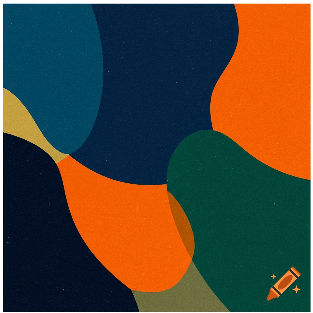 Abstract shapes in blue, orange, green, and gold with a grainy texture.