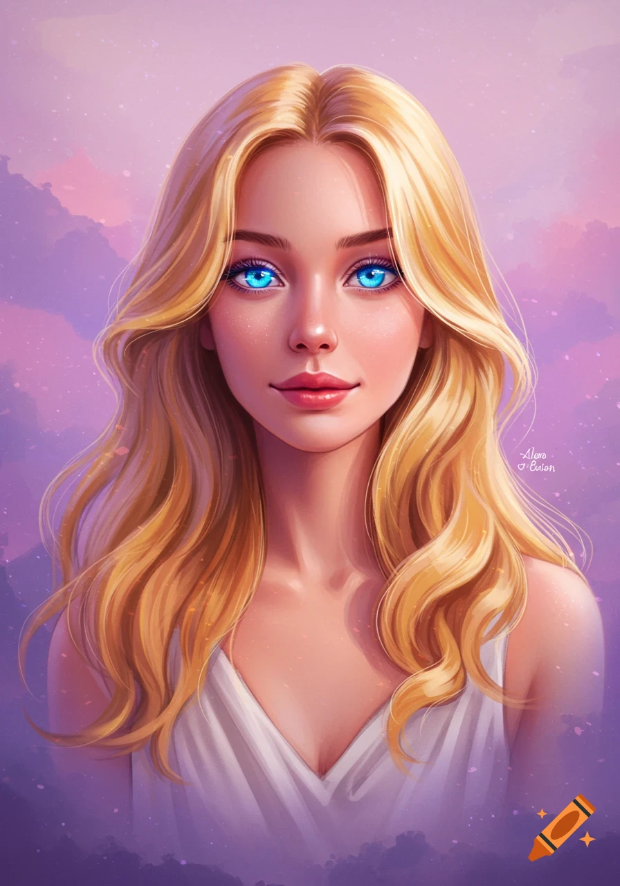 A woman with blonde hair and bright blue eyes.