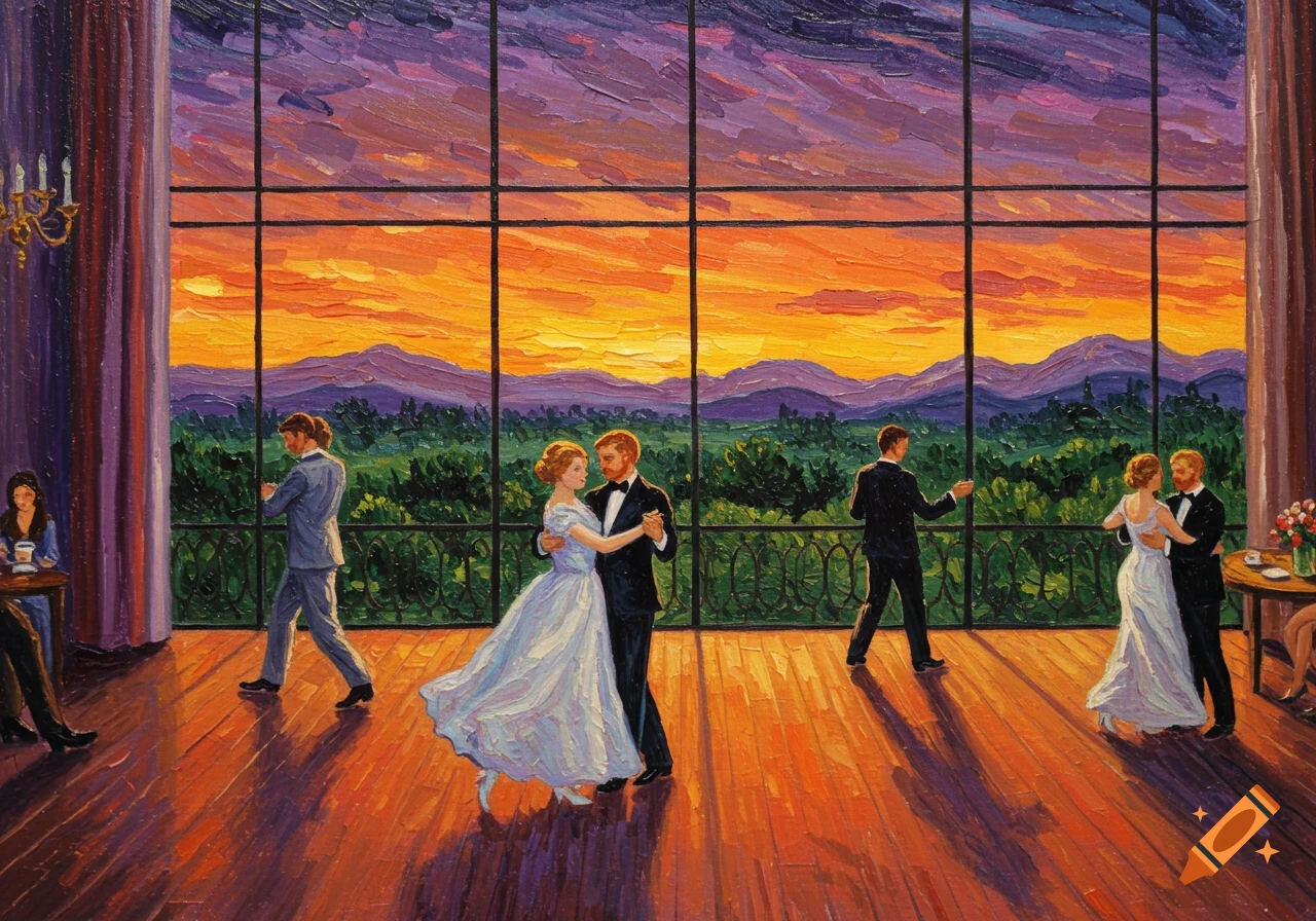 Painting of people dancing in a ballroom overlooking a sunset landscape.