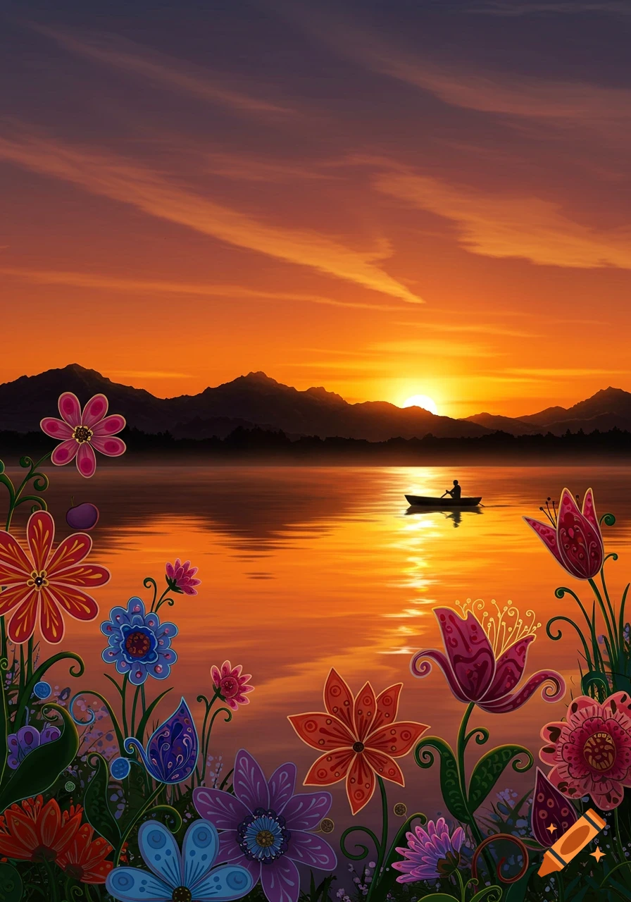 A person in a boat on a lake at sunset with mountains and colorful stylized flowers in the foreground.