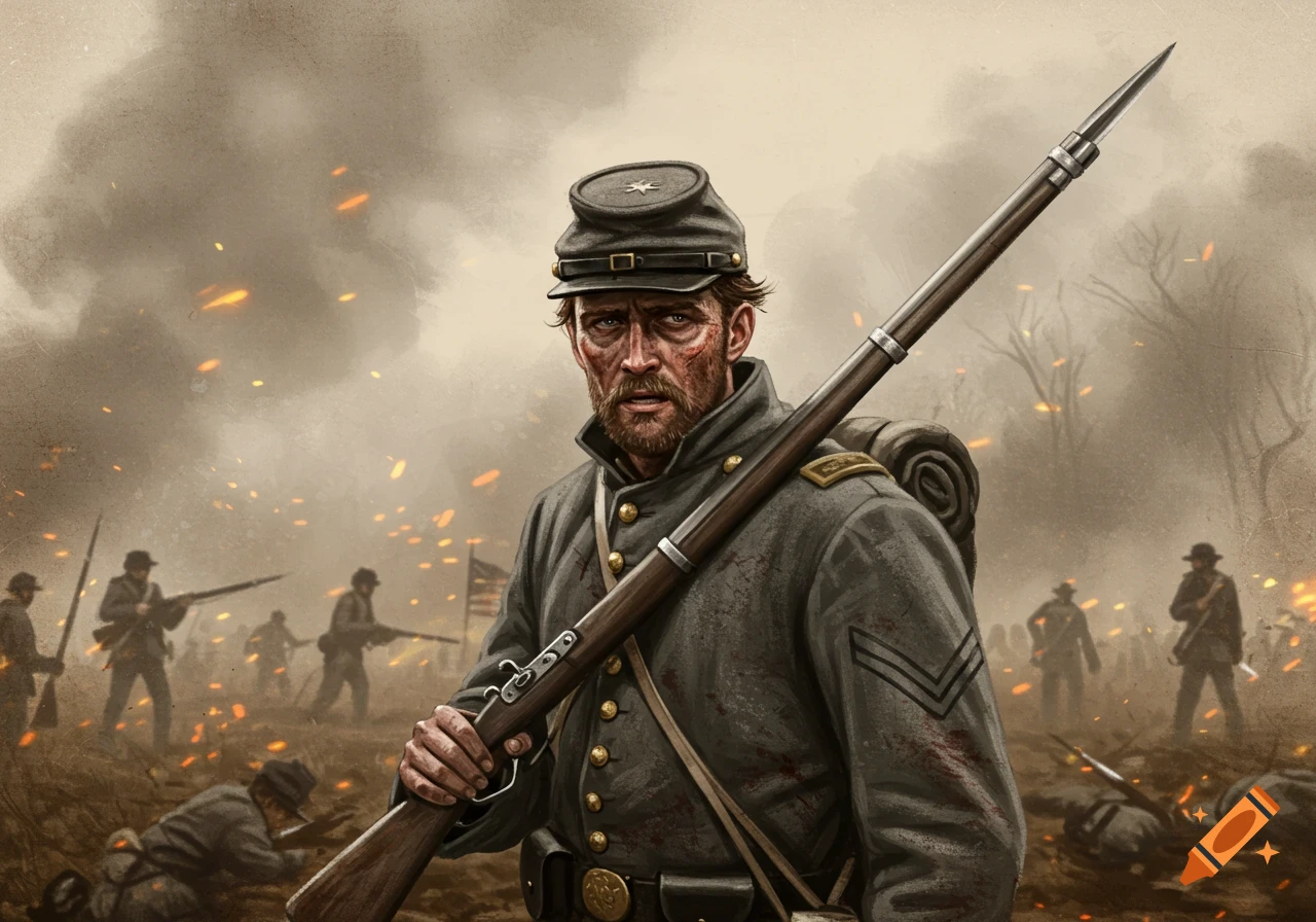 A gritty Civil War soldier is on a smoky battlefield.