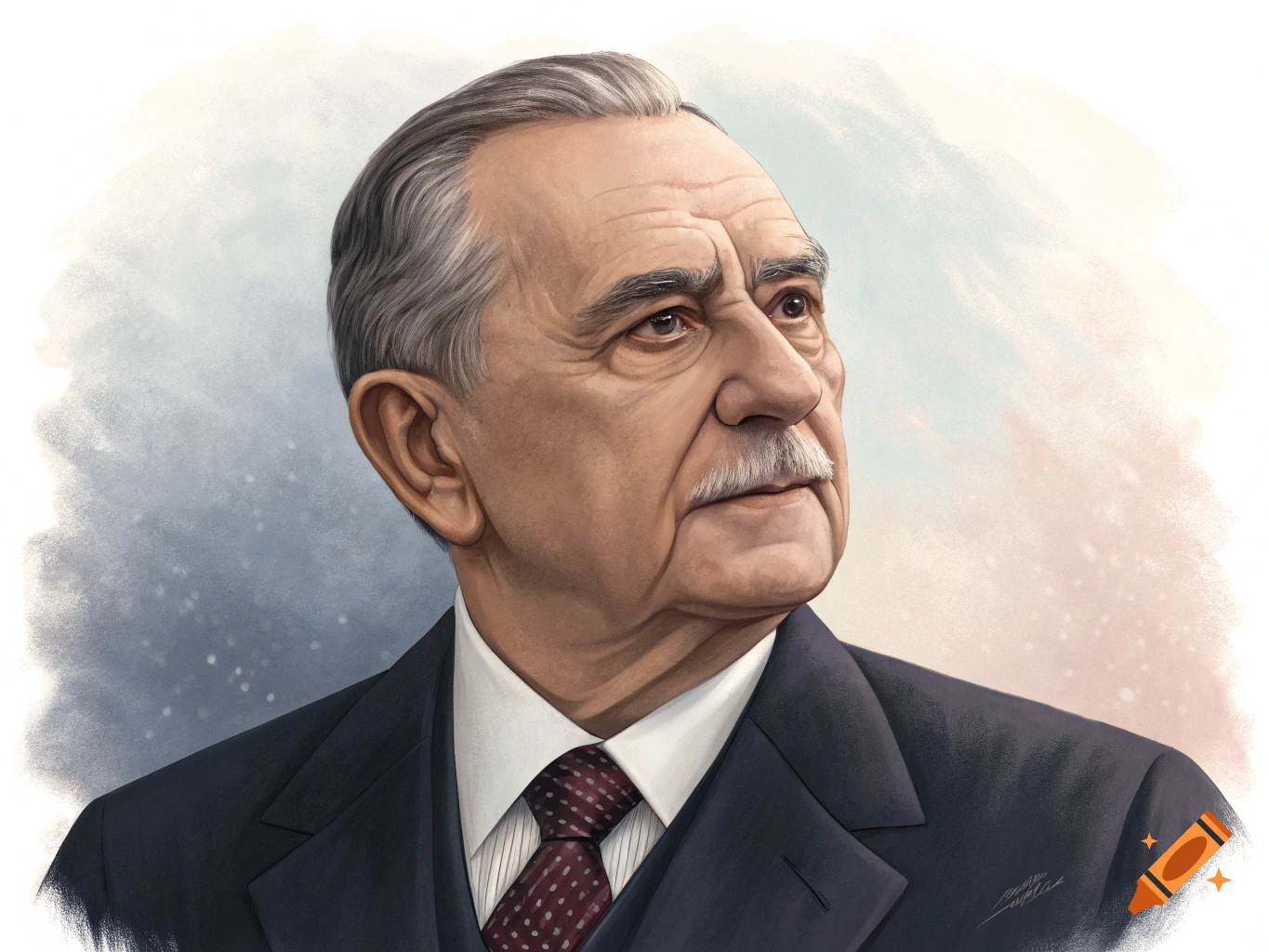 Illustrated portrait of an older man in a dark suit and tie, looking up and to the right.