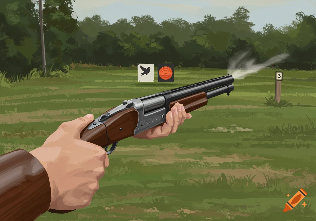 Someone aiming and firing a shotgun at targets on a shooting range.