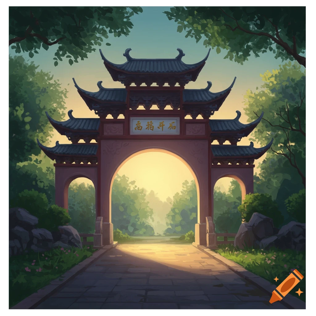A traditional East Asian archway in a lush green garden with a path leading through it.