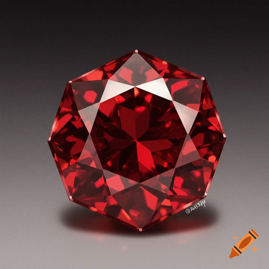 A deep red faceted gemstone on a dark background.