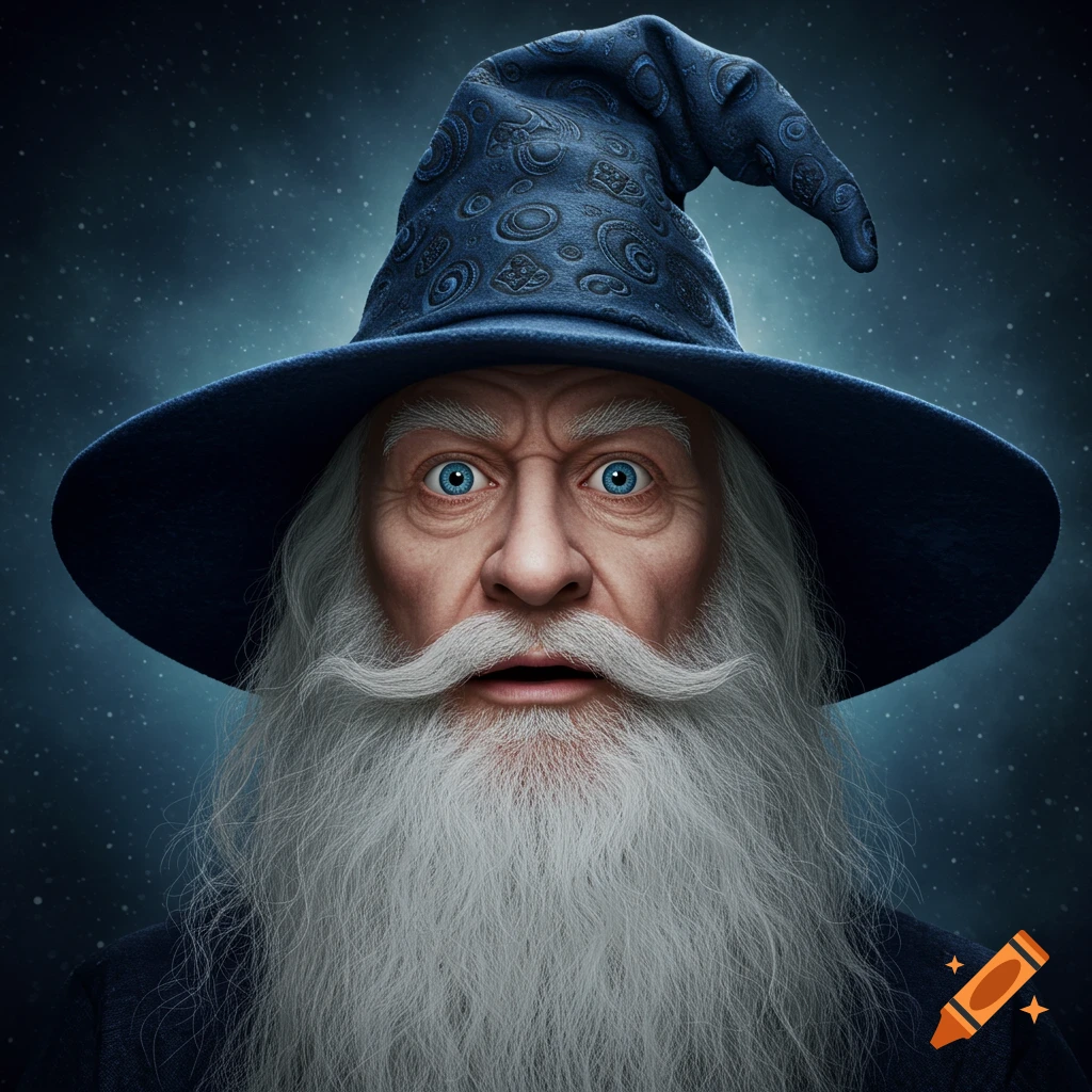 Photorealistic headshot of a wizard with a white beard and mustache, wide blue eyes, and a blue hat.