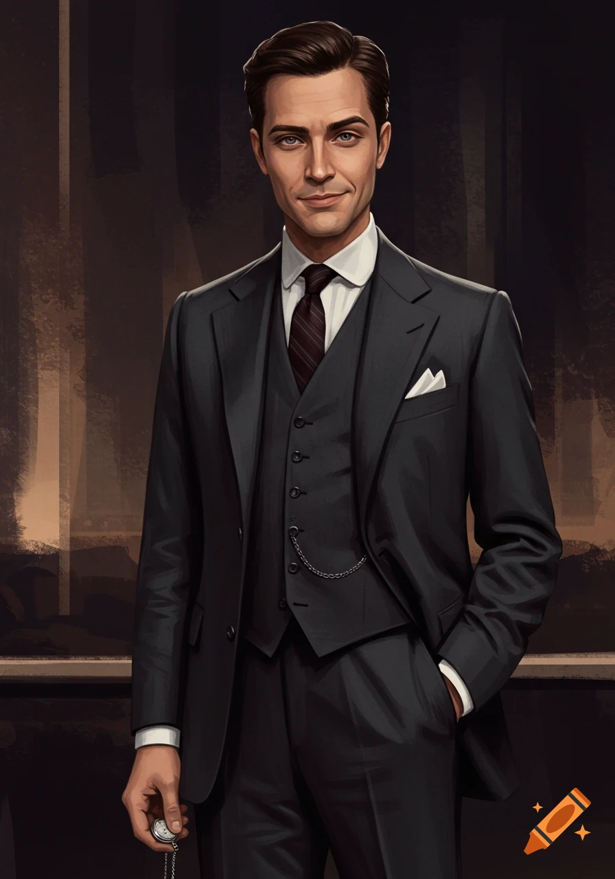A man in a dark suit holds a pocket watch.