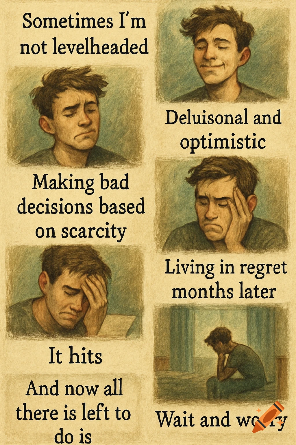 Multi-panel illustration of a man showing different emotions with text captions.