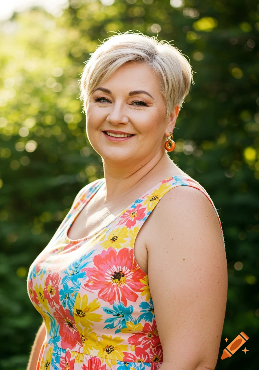 A smiling woman with short blonde hair wears a floral dress outdoors in dappled sunlight.