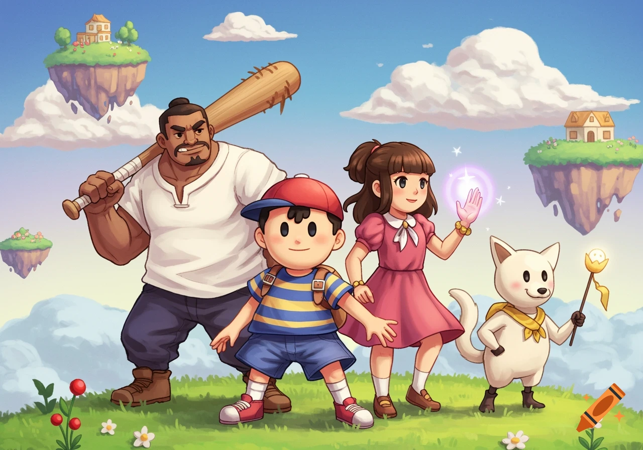 Stylized EarthBound characters Ness, Paula, Jeff, and Poo stand on a hill with floating islands.