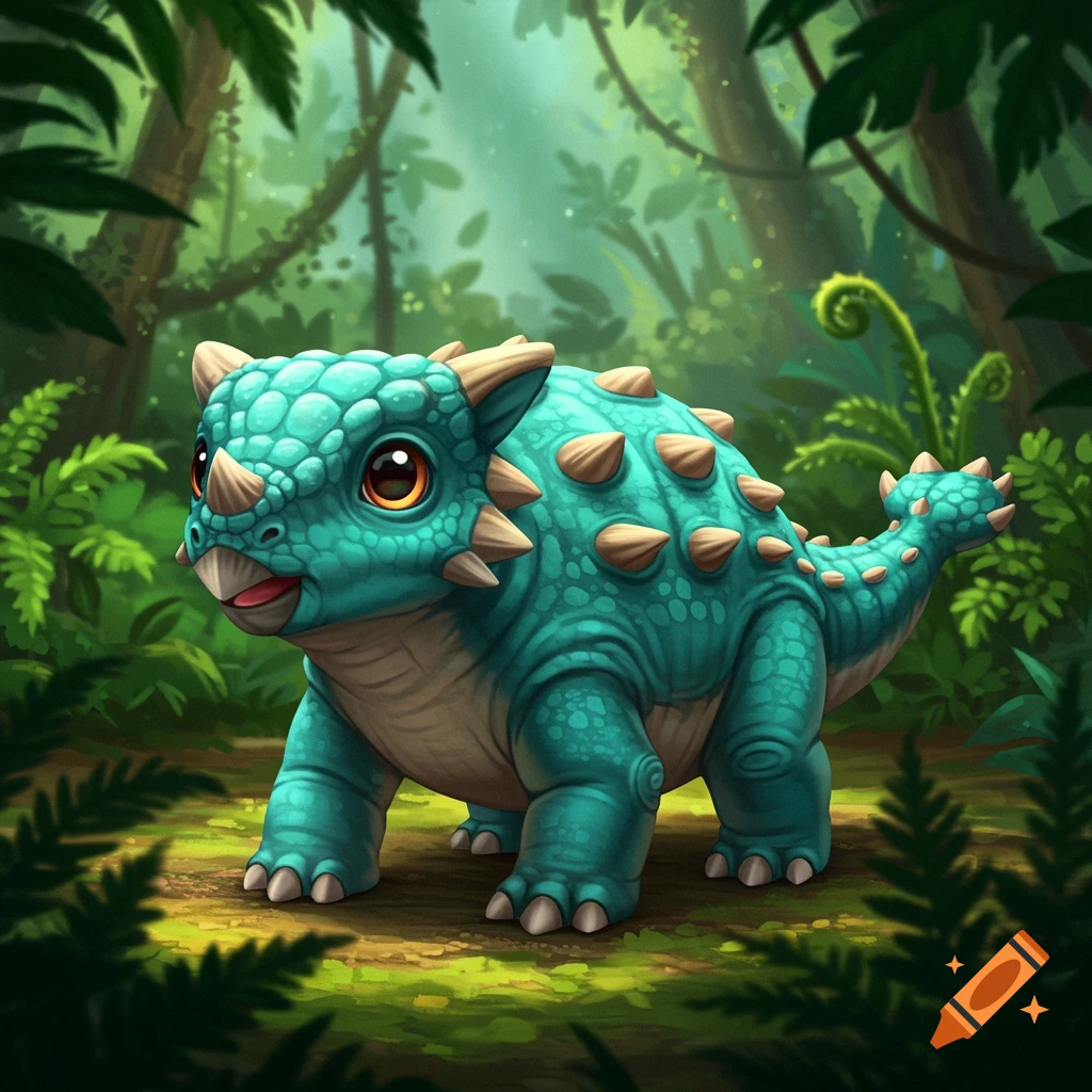 A cute, stylized blue Ankylosaurus baby stands in a lush green jungle illustration.